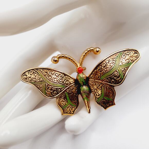 Vintage Damascene Butterfly Brooch, Gold Tone Green Black Red Enamel – 2 ¾” - Picture 3 of 9